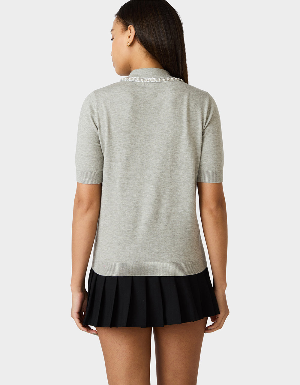 Betsey Johnson Smart Buy | POLISHED IN PEARLS POLO HEATHER GREY Women's Grey Pearl Embellished Short Sleeve Polo Shirt