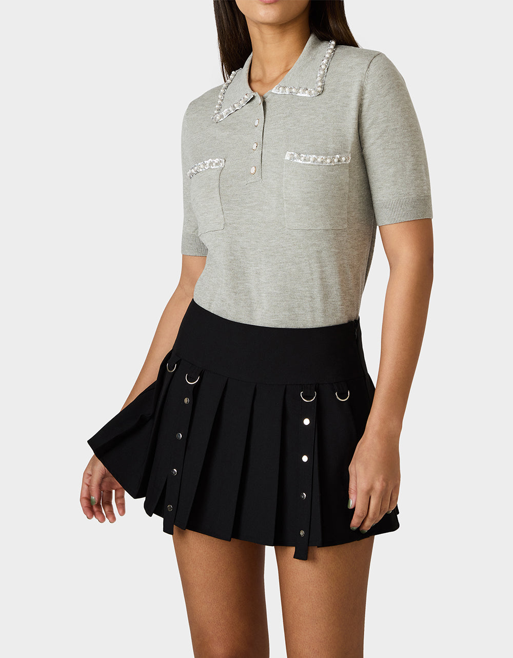 Betsey Johnson Smart Buy | POLISHED IN PEARLS POLO HEATHER GREY Women's Grey Pearl Embellished Short Sleeve Polo Shirt