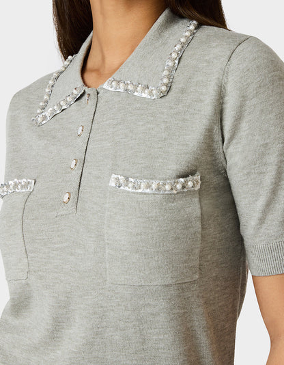 Betsey Johnson Smart Buy | POLISHED IN PEARLS POLO HEATHER GREY Women's Grey Pearl Embellished Short Sleeve Polo Shirt