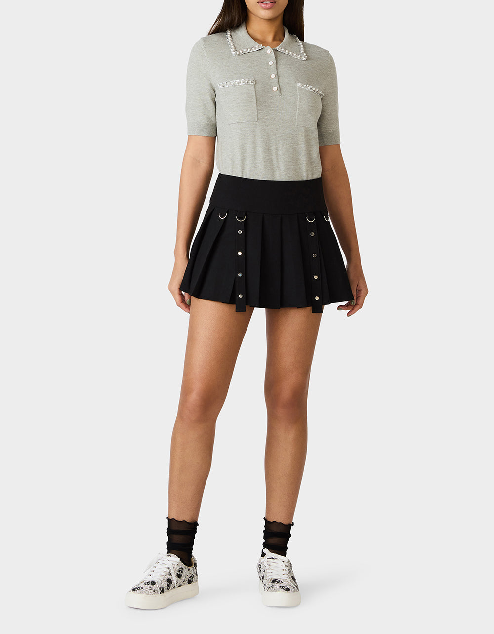 Betsey Johnson Smart Buy | POLISHED IN PEARLS POLO HEATHER GREY Women's Grey Pearl Embellished Short Sleeve Polo Shirt