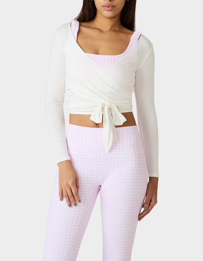 Betsey Johnson Discount | LONG SLEEVE V NECK WRAP TOP WHITE Women's White Activewear Wrap Long Sleeve Top