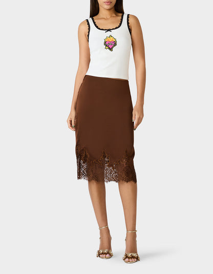 Betsey Johnson Popular | LACE SLIP SKIRT BROWN Women's Brown Midi Slip Skirt with Lace Trim