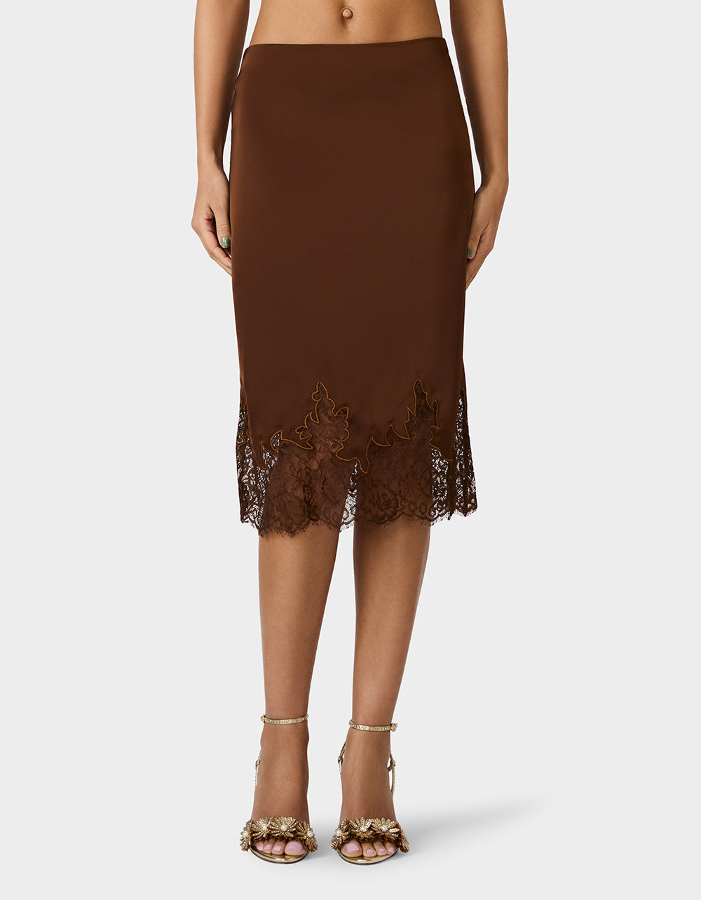 Betsey Johnson Popular | LACE SLIP SKIRT BROWN Women's Brown Midi Slip Skirt with Lace Trim