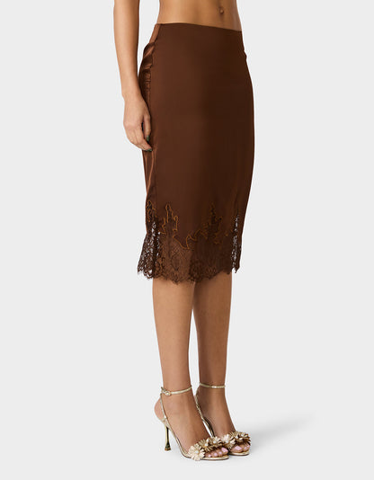 Betsey Johnson Popular | LACE SLIP SKIRT BROWN Women's Brown Midi Slip Skirt with Lace Trim