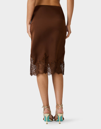Betsey Johnson Popular | LACE SLIP SKIRT BROWN Women's Brown Midi Slip Skirt with Lace Trim