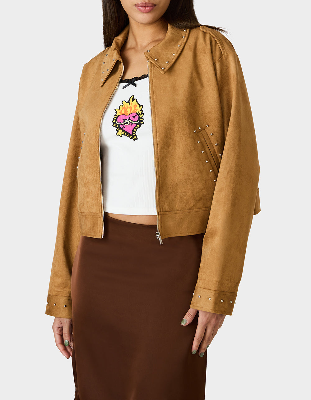 Betsey Johnson Sale | RODEO STUD JACKET CAMEL Women's Fax Suede Camel Jacket