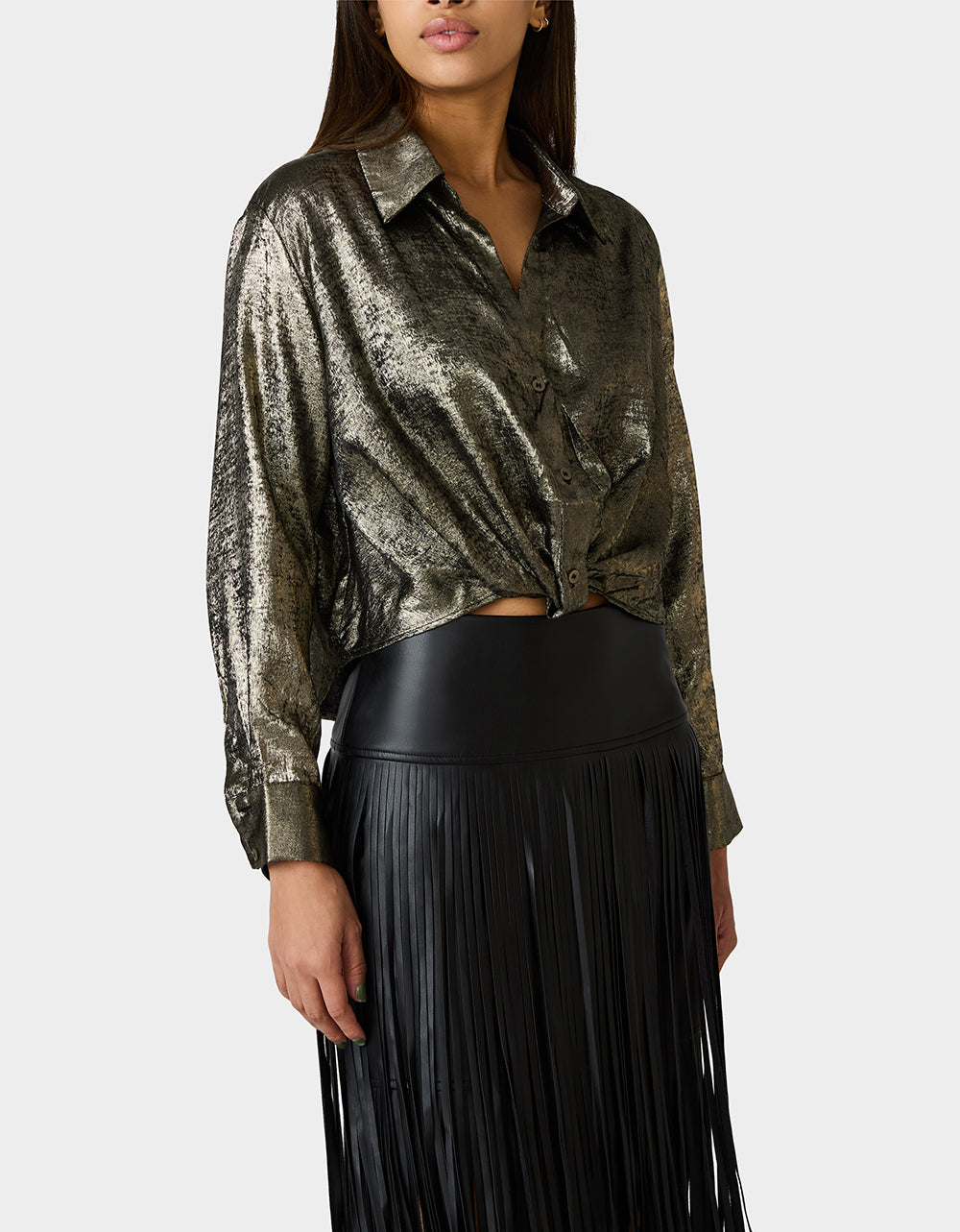 Betsey Johnson Popular | GOLD RUSH TOP BLACK/GOLD Women's Brushed Long Sleeve Button Down Top