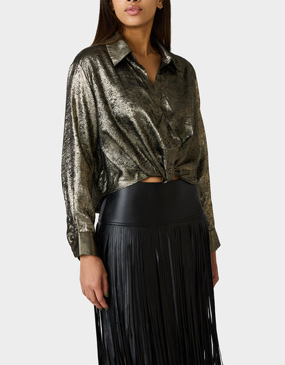 Betsey Johnson Popular | GOLD RUSH TOP BLACK/GOLD Women's Brushed Long Sleeve Button Down Top