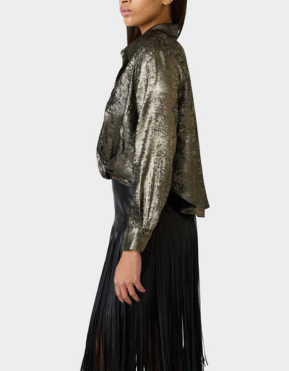 Betsey Johnson Popular | GOLD RUSH TOP BLACK/GOLD Women's Brushed Long Sleeve Button Down Top