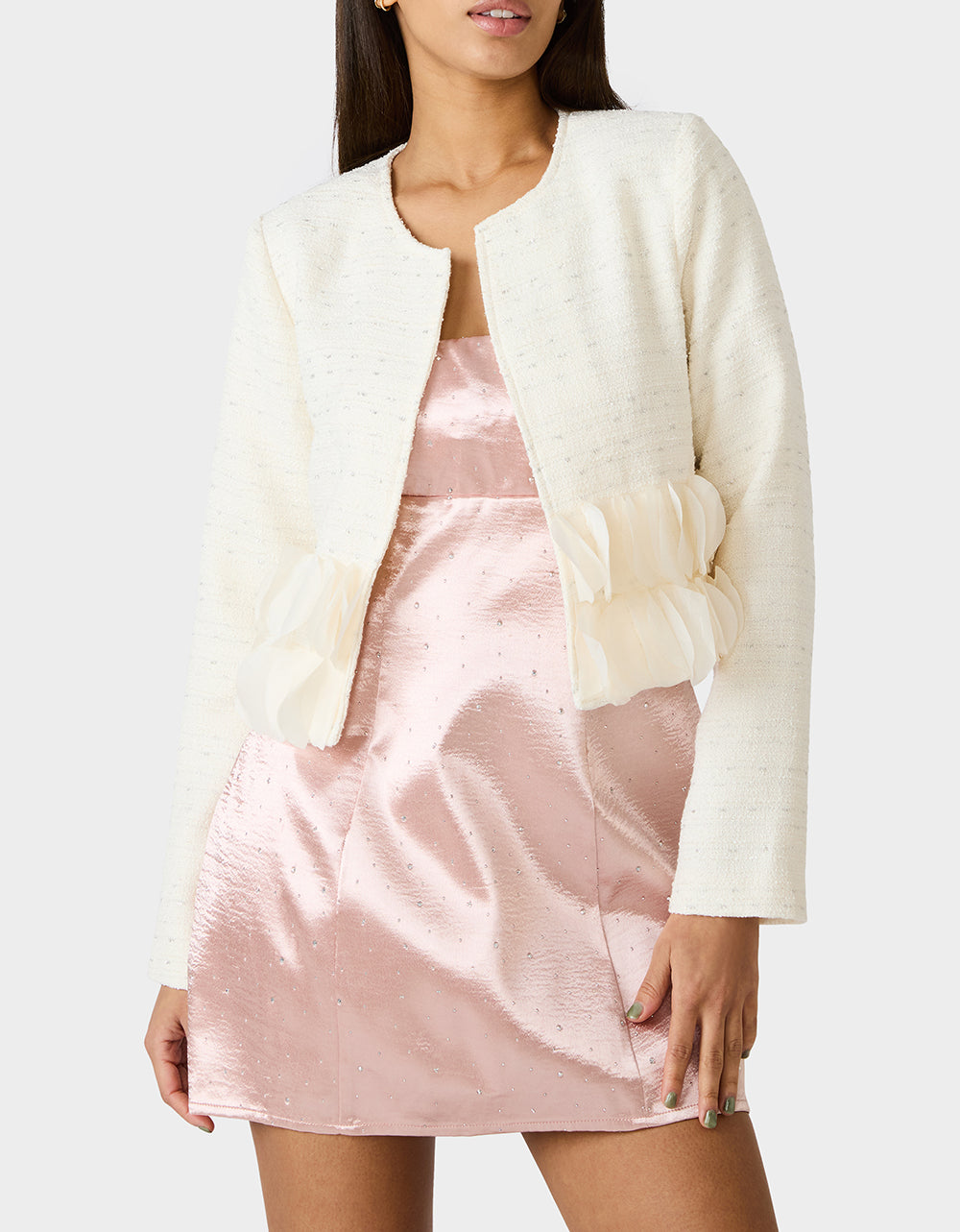 Betsey Johnson Sale | RUUFLE SOCIETY BLAZER CREAM Women's Cream Ruffle Trim Jacket