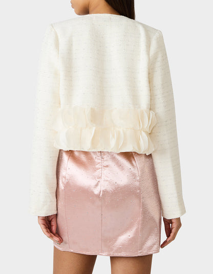 Betsey Johnson Sale | RUUFLE SOCIETY BLAZER CREAM Women's Cream Ruffle Trim Jacket