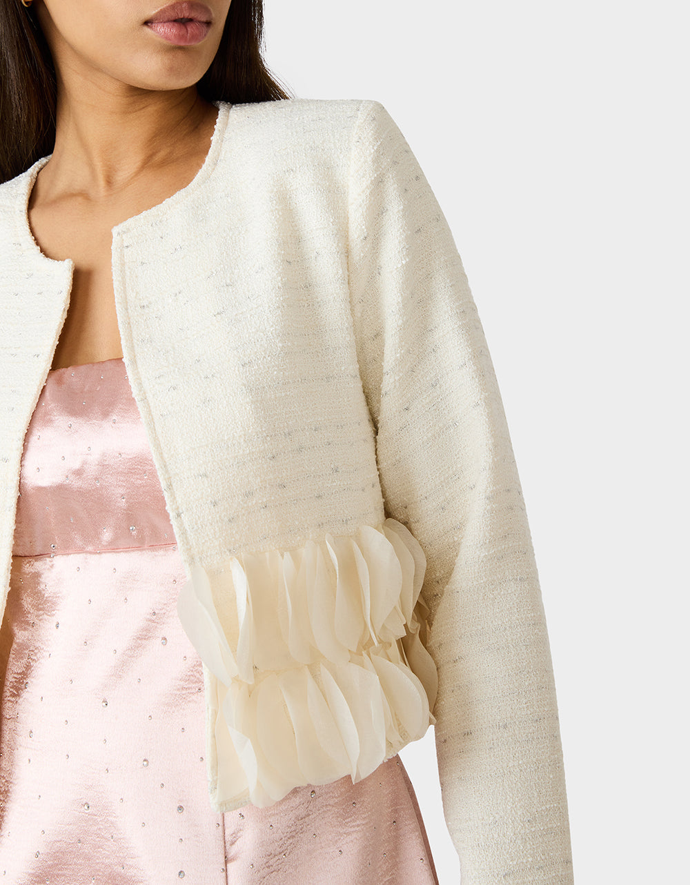 Betsey Johnson Sale | RUUFLE SOCIETY BLAZER CREAM Women's Cream Ruffle Trim Jacket