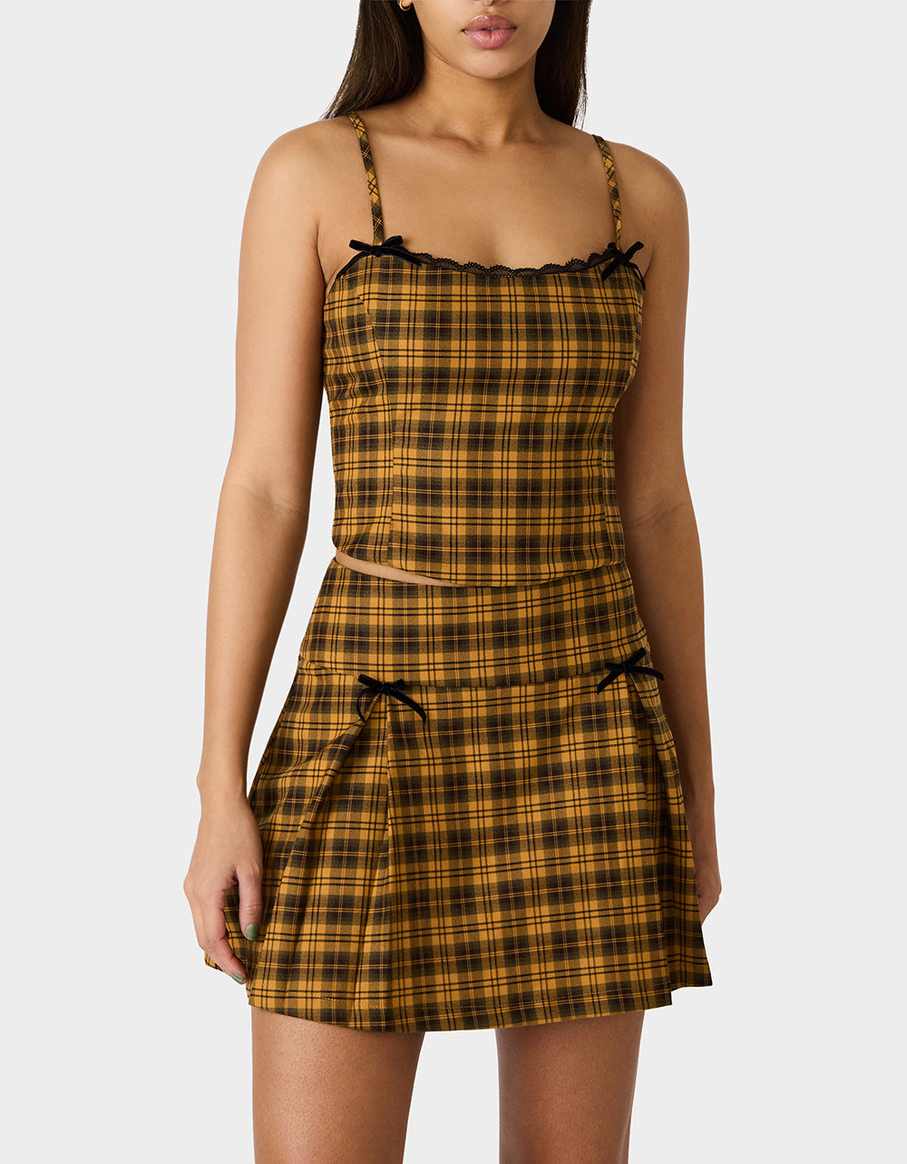 Betsey Johnson Best Seller | RAD PLAID TOP YELLOW PLAID Women's Yellow Plaid Cami with Lace and Bow Details