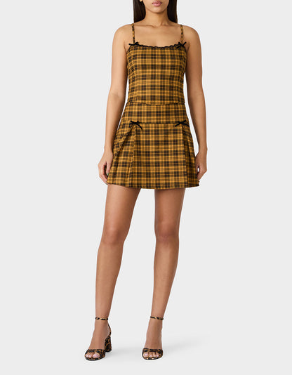 Betsey Johnson Best Seller | RAD PLAID TOP YELLOW PLAID Women's Yellow Plaid Cami with Lace and Bow Details