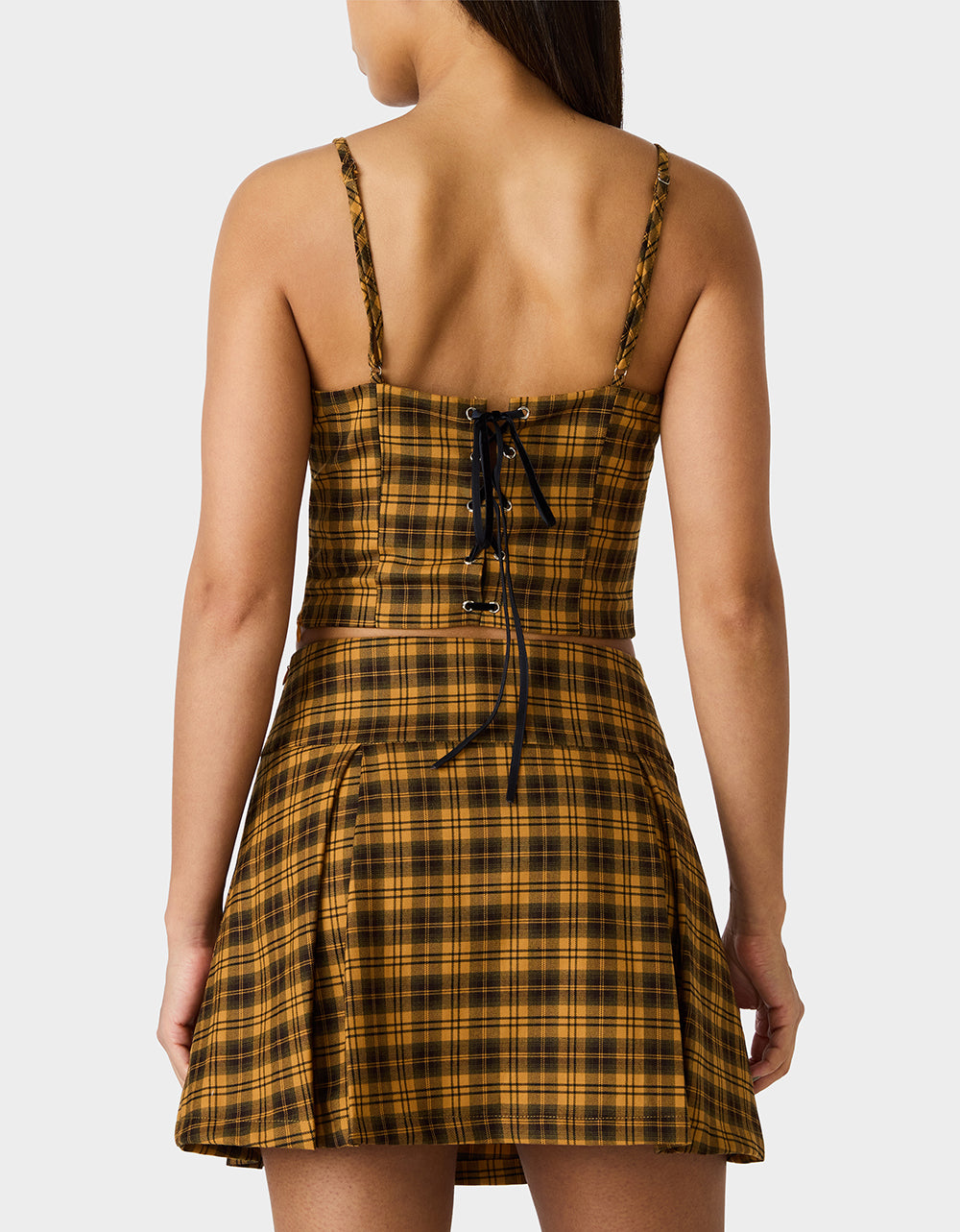Betsey Johnson Best Seller | RAD PLAID TOP YELLOW PLAID Women's Yellow Plaid Cami with Lace and Bow Details