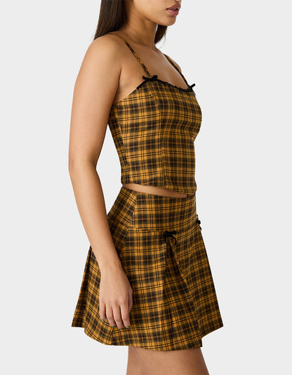 Betsey Johnson Best Seller | RAD PLAID TOP YELLOW PLAID Women's Yellow Plaid Cami with Lace and Bow Details