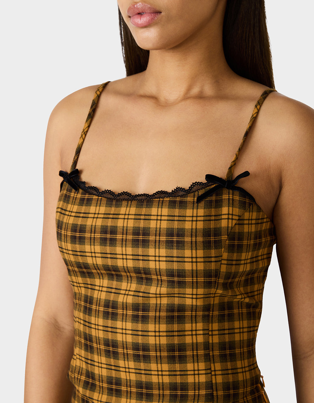 Betsey Johnson Best Seller | RAD PLAID TOP YELLOW PLAID Women's Yellow Plaid Cami with Lace and Bow Details