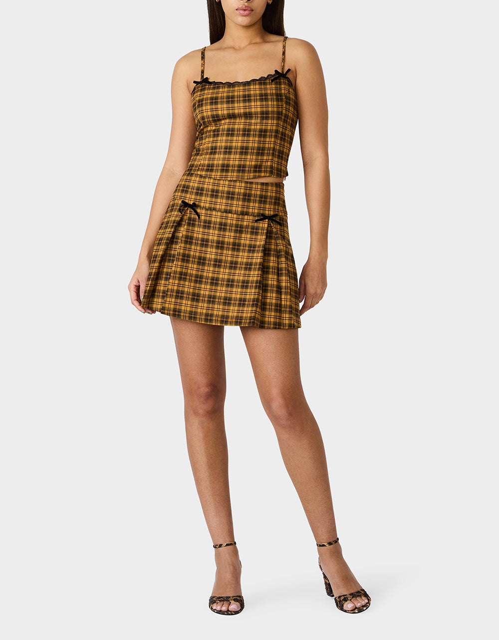 Betsey Johnson Best Seller | RAD PLAID TOP YELLOW PLAID Women's Yellow Plaid Cami with Lace and Bow Details