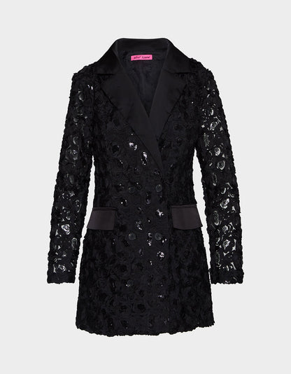 Betsey Johnson Everyday | ROSETTE BLAZER DRESS BLACK Women's Black Blazer Dress with Rose Sequin Details