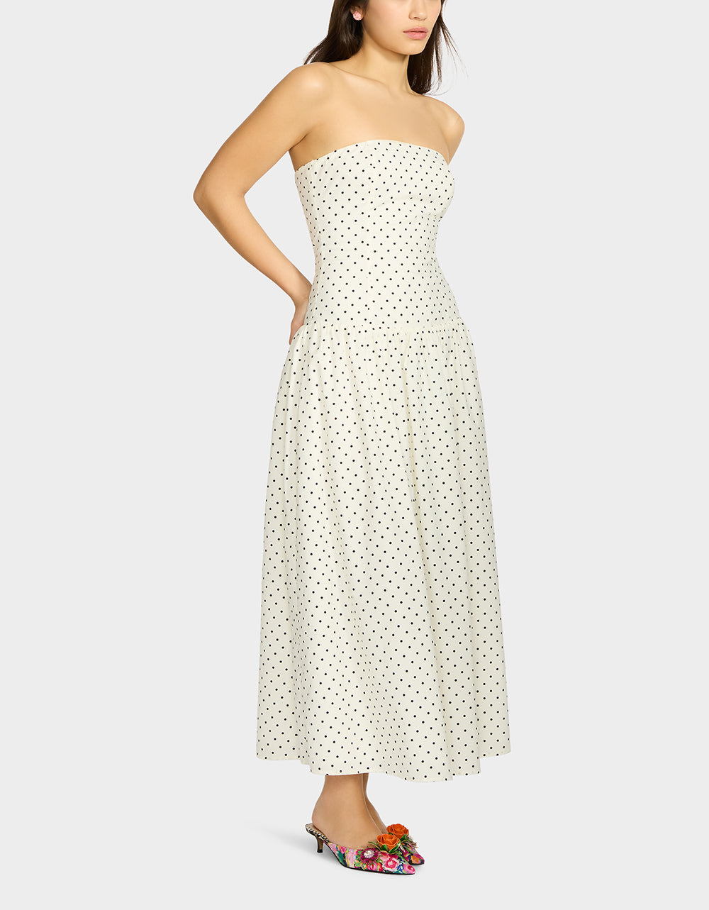 Betsey Johnson Sale | AMALIA STRAPLESS MAXI DRESS BLACK WHITE POLKA DOT Women's Dress
