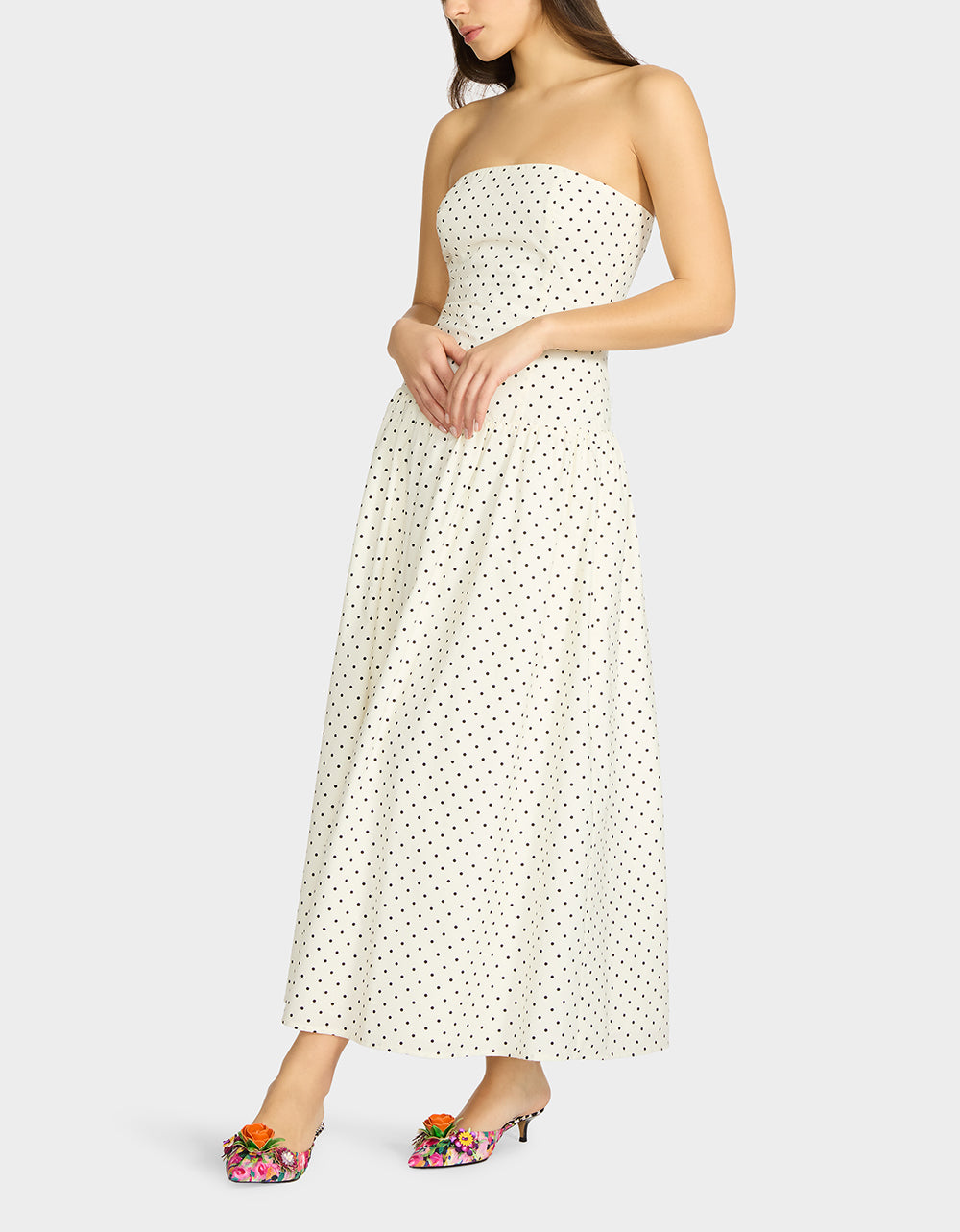 Betsey Johnson Sale | AMALIA STRAPLESS MAXI DRESS BLACK WHITE POLKA DOT Women's Dress