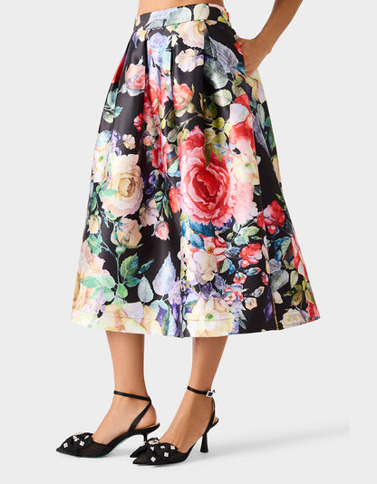 Betsey Johnson Best Seller | BOTANQUE SKIRT BLACK Women's Floral Midi Skirt