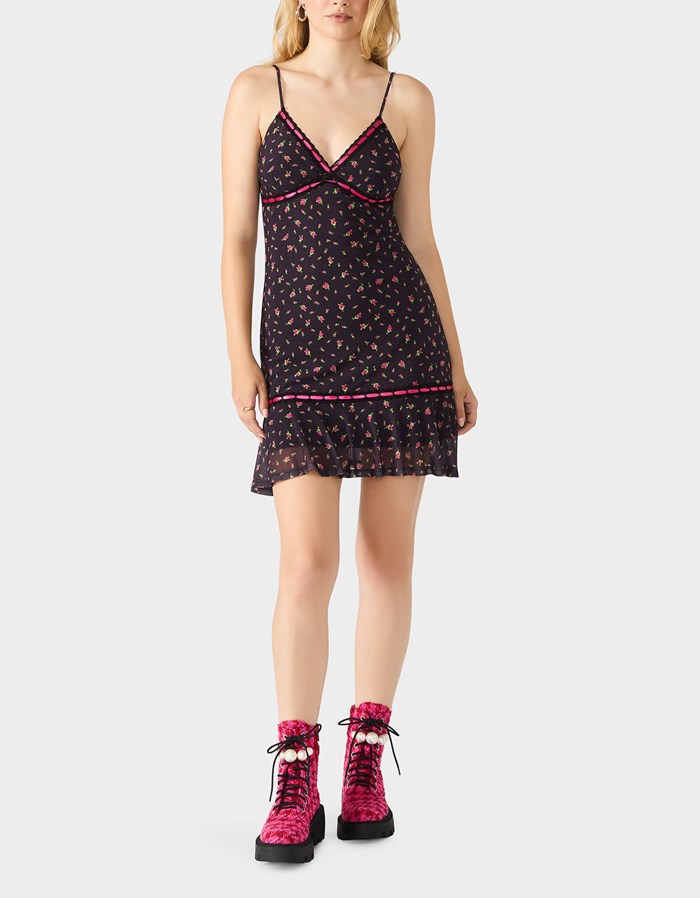 Betsey Johnson Top Pick | ROSEBUD SLIP DRESS BLACK Women's Floral Print Mini Slip Dress