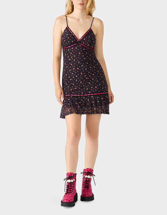 Betsey Johnson Top Pick | ROSEBUD SLIP DRESS BLACK Women's Floral Print Mini Slip Dress