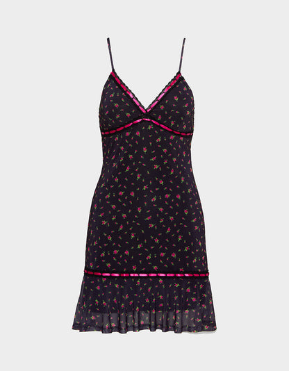 Betsey Johnson Top Pick | ROSEBUD SLIP DRESS BLACK Women's Floral Print Mini Slip Dress