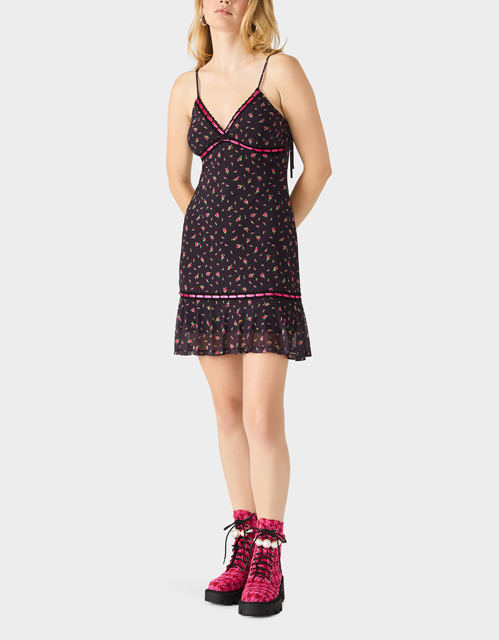 Betsey Johnson Top Pick | ROSEBUD SLIP DRESS BLACK Women's Floral Print Mini Slip Dress