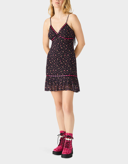Betsey Johnson Top Pick | ROSEBUD SLIP DRESS BLACK Women's Floral Print Mini Slip Dress