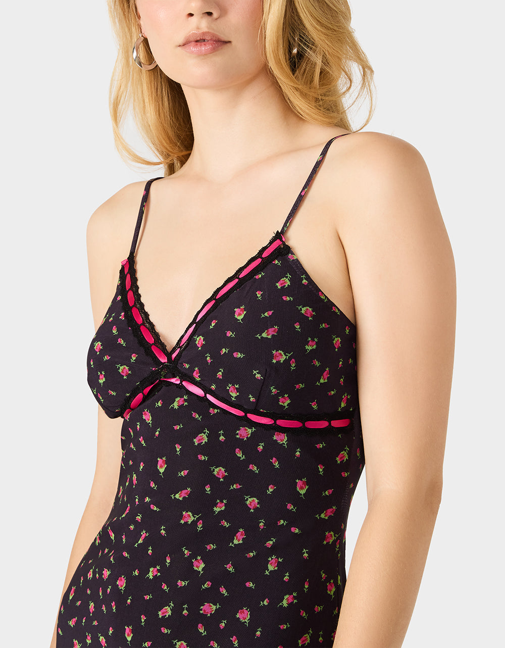 Betsey Johnson Top Pick | ROSEBUD SLIP DRESS BLACK Women's Floral Print Mini Slip Dress