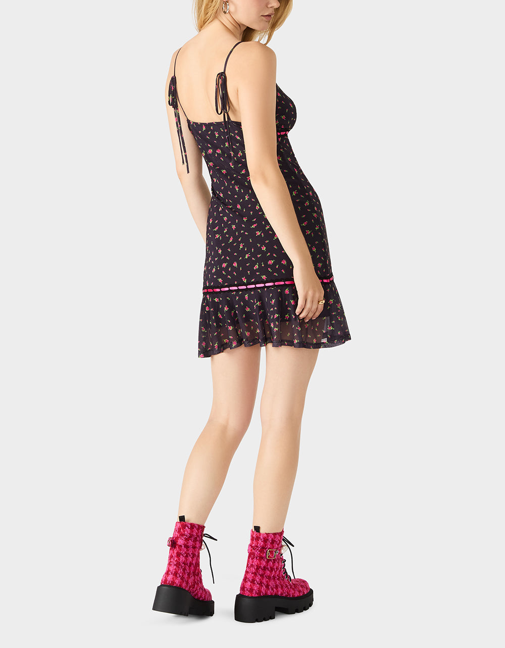 Betsey Johnson Top Pick | ROSEBUD SLIP DRESS BLACK Women's Floral Print Mini Slip Dress