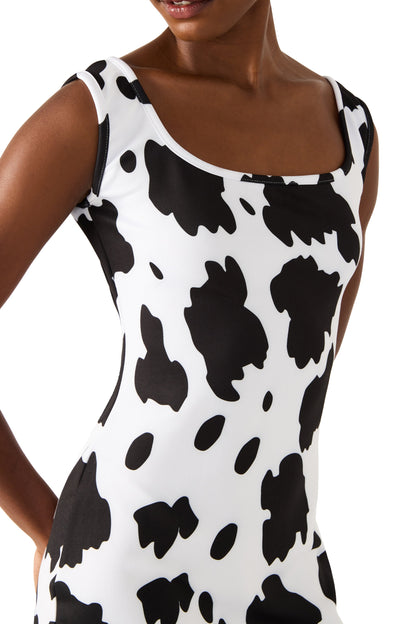 Betsey Johnson Trending | BETSEY COW PRINT DRESS BLACK/WHITE Women's Mini Tank Square-Neck Dress