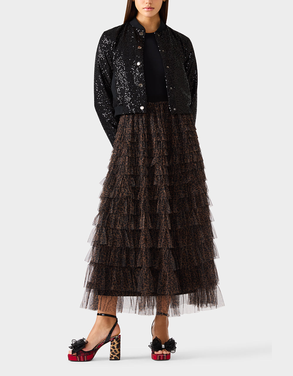 Betsey Johnson Recommended | RUFFLED MAXI SKIRT LEOAPRD Women's Tiered Tulle Leopard Maxi Skirt