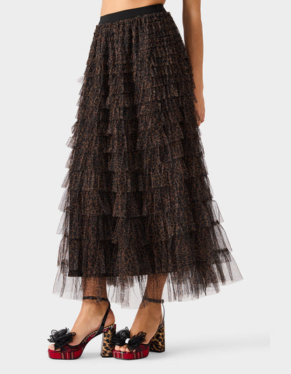 Betsey Johnson Recommended | RUFFLED MAXI SKIRT LEOAPRD Women's Tiered Tulle Leopard Maxi Skirt
