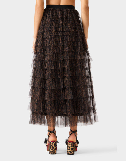 Betsey Johnson Recommended | RUFFLED MAXI SKIRT LEOAPRD Women's Tiered Tulle Leopard Maxi Skirt
