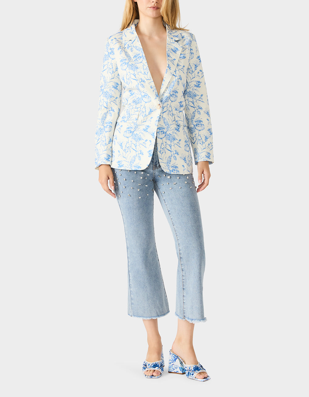 Betsey Johnson Exclusive | BOYFRIEND BLUE FLORAL BLAZER BLUE Women's Long-Sleeved Floral Print Blazer Jacket