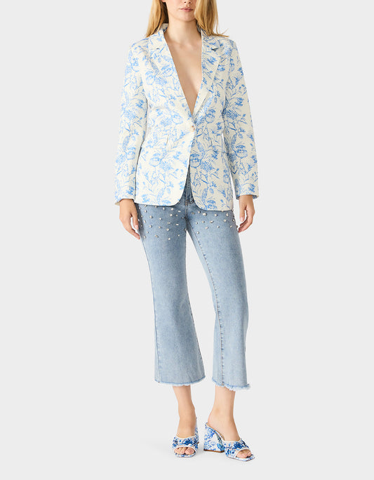 Betsey Johnson Exclusive | BOYFRIEND BLUE FLORAL BLAZER BLUE Women's Long-Sleeved Floral Print Blazer Jacket