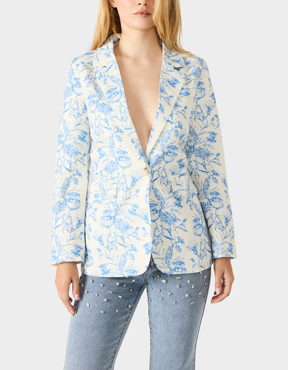Betsey Johnson Exclusive | BOYFRIEND BLUE FLORAL BLAZER BLUE Women's Long-Sleeved Floral Print Blazer Jacket