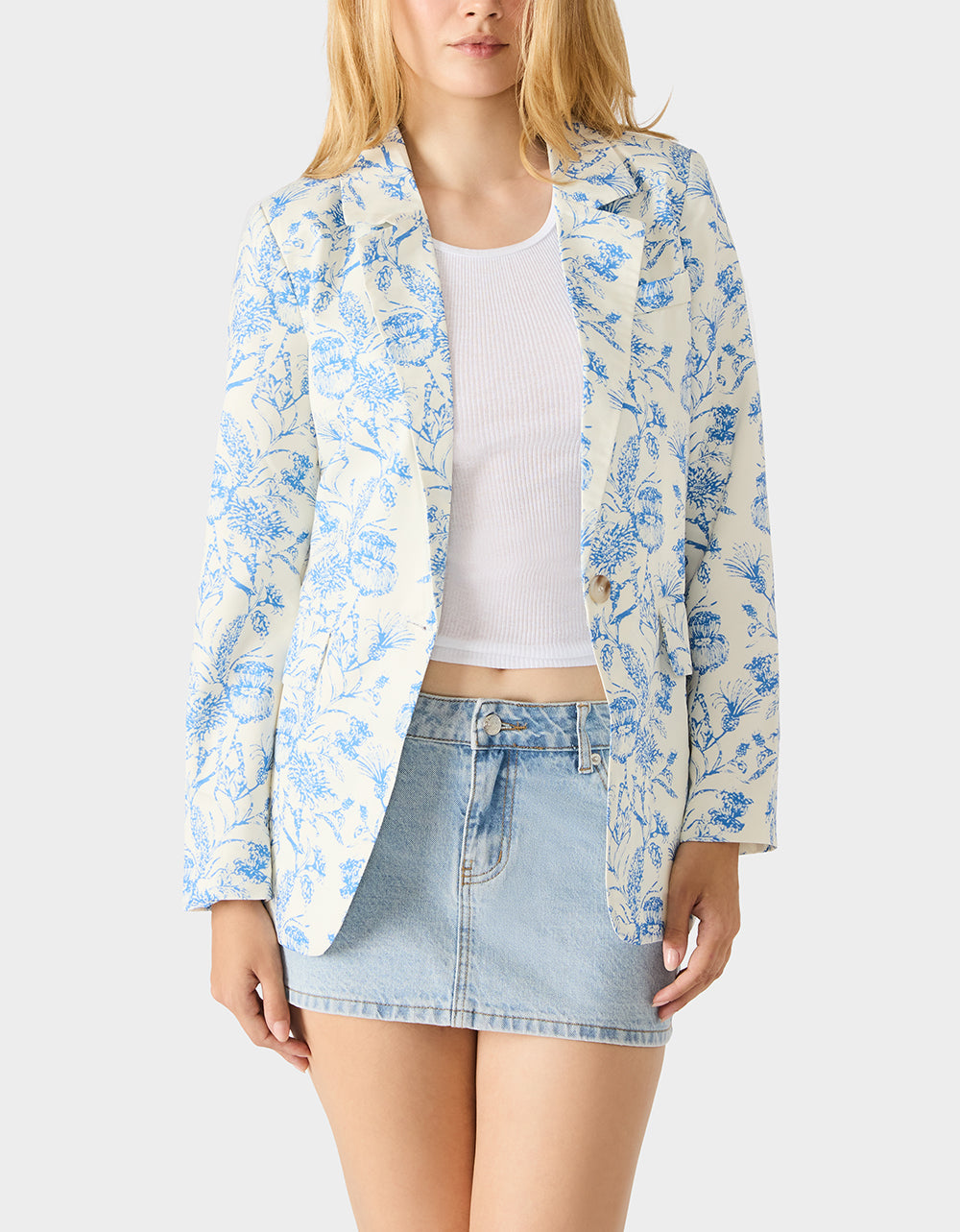 Betsey Johnson Exclusive | BOYFRIEND BLUE FLORAL BLAZER BLUE Women's Long-Sleeved Floral Print Blazer Jacket