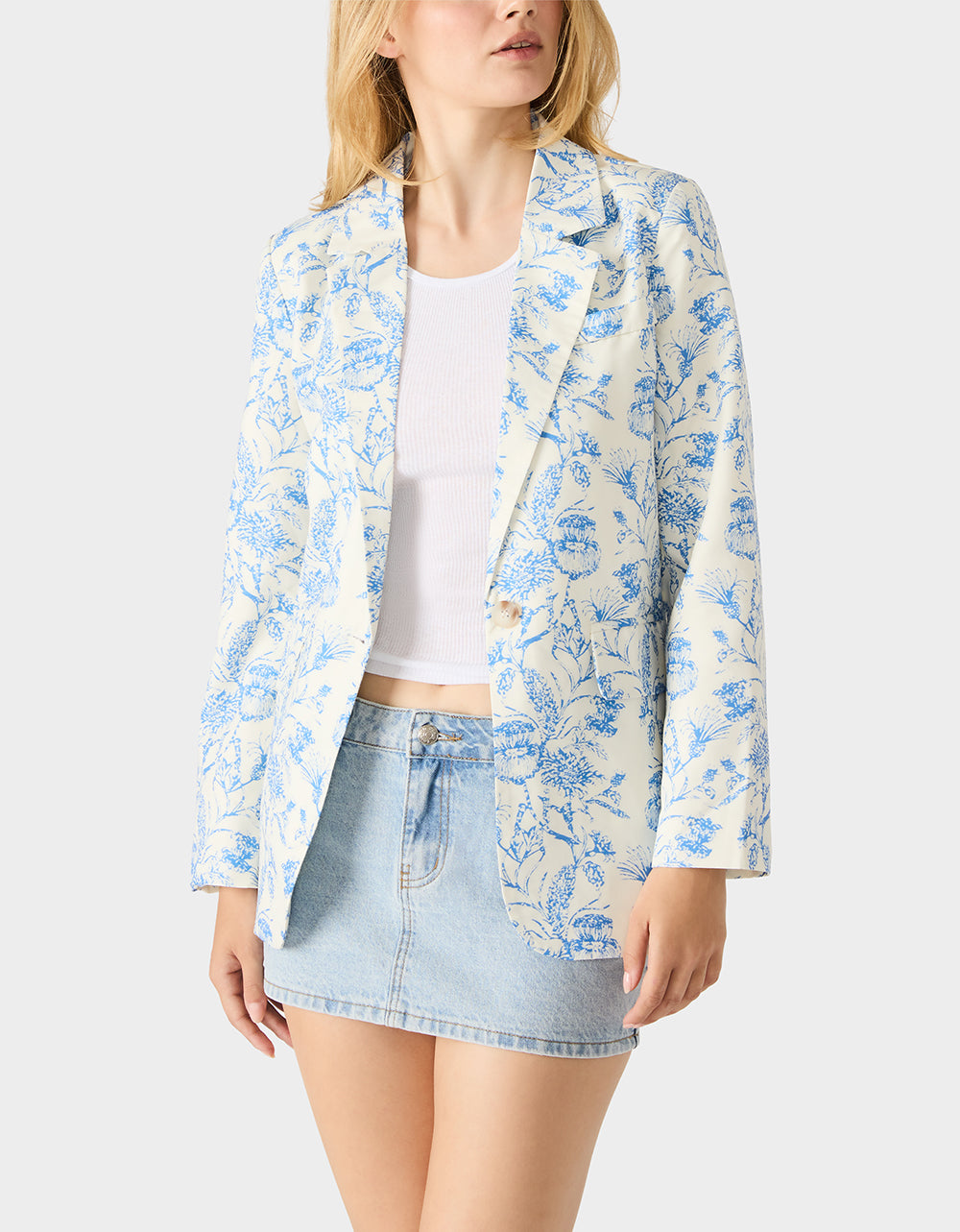 Betsey Johnson Exclusive | BOYFRIEND BLUE FLORAL BLAZER BLUE Women's Long-Sleeved Floral Print Blazer Jacket