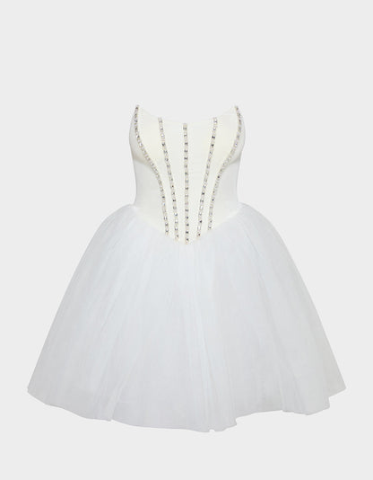 Betsey Johnson Top Pick | SHEER BALLERINA DRESS WHITE Women's Strapless Rhinestone Embellished Tulle Mini Dress