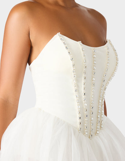 Betsey Johnson Top Pick | SHEER BALLERINA DRESS WHITE Women's Strapless Rhinestone Embellished Tulle Mini Dress