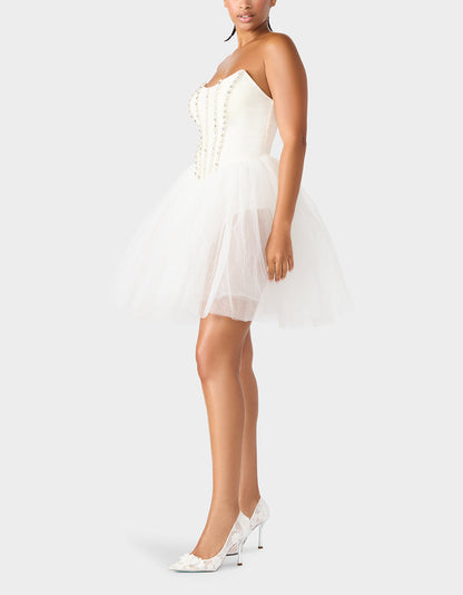 Betsey Johnson Top Pick | SHEER BALLERINA DRESS WHITE Women's Strapless Rhinestone Embellished Tulle Mini Dress