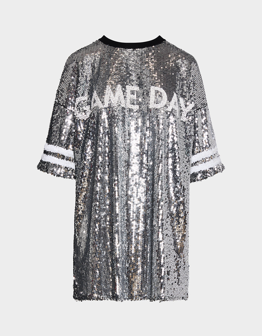 Betsey Johnson Smart Buy | GAME DAY JERSEY SEQUIN DRESS SILVER Women's Sequin Short-Sleeved Dress
