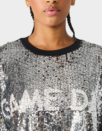 Betsey Johnson Smart Buy | GAME DAY JERSEY SEQUIN DRESS SILVER Women's Sequin Short-Sleeved Dress