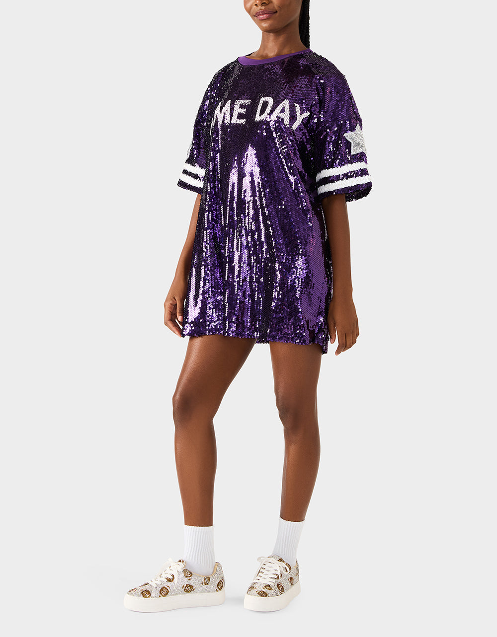 Betsey Johnson Everyday | GAME DAY JERSEY SEQUIN DRESS PURPLE Women's Sequin Short-Sleeved Dress