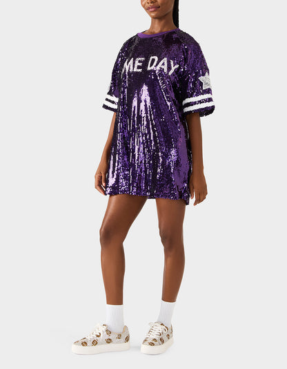 Betsey Johnson Everyday | GAME DAY JERSEY SEQUIN DRESS PURPLE Women's Sequin Short-Sleeved Dress