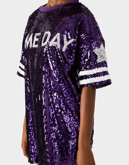 Betsey Johnson Everyday | GAME DAY JERSEY SEQUIN DRESS PURPLE Women's Sequin Short-Sleeved Dress